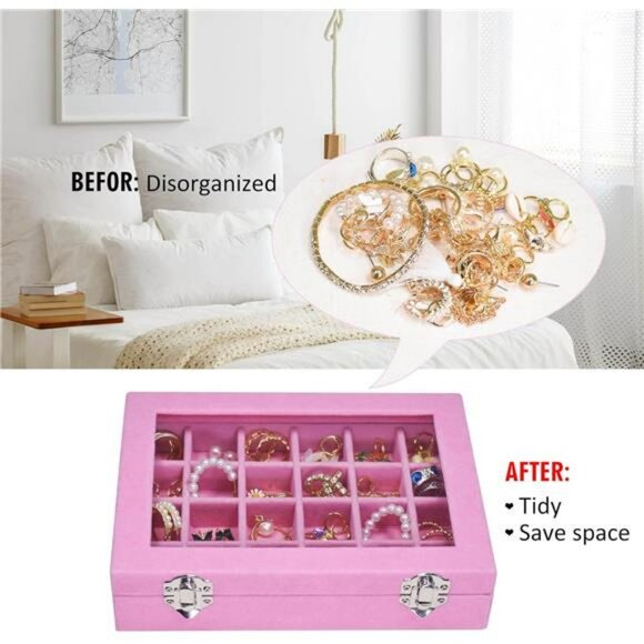 Ring Jewelry Box Organizer Pink Velvet Jewelry Display Holder 24 Grid Gift Her - Picture 3 of 6